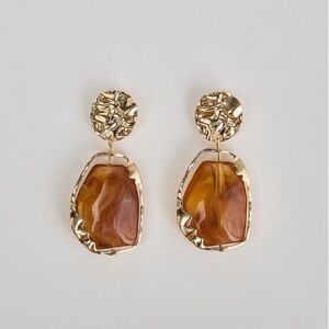 New! Caramel/Amber Irregular Stone Drop Dangle Earrings Gold Plated